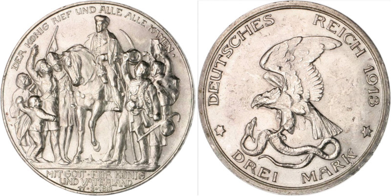 Preußen. 
Wilhelm II. 1888-1918. 3 Mark 1913 Zur Jahrhundertfeier der Befreiung...