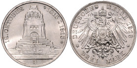 Sachsen. 
Friedrich August III. 1904-1918. 3 Mark 1913 E Zur Jahrhundertfeier der Völkerschlacht bei Leipzig. Jaeger&nbsp;140. winz. Rf.. 

f.st