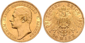 Sachsen/-Weimar-Eisenach. 
Wilhelm Ernst 1901-1918. 20 Mark 1901 A. Jaeger&nbsp;283. kl. Rf.. 

ss+