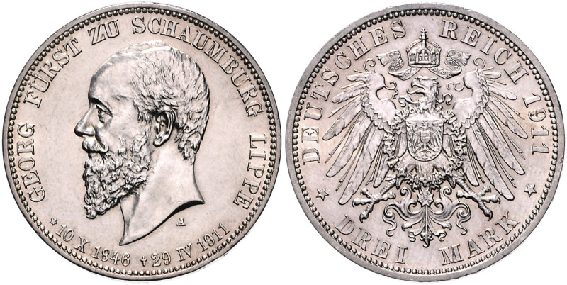 Schaumburg/-Lippe. 
Georg 1893-1911. 3 Mark 1911 A Auf den Tod des Fürsten. Jae...