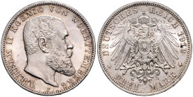 Württemberg. 
Wilhelm II. 1891-1918. 3 Mark 1912 F. Jaeger&nbsp;175. kl. Kr.. 

f.st