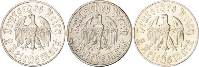 Drittes Reich. 
Lot von 3 Stücken: 2 Reichsmark 1933 D, F, G Zum 450. Geburtsta...