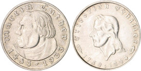 Drittes Reich. 
Lot von 2 Stücken: 2 Reichsmark 1933 A Zum 450. Geburtstag von Martin Luther und 2 Reichsmark 1934 F Zum 175. Geburtstag von Friedric...