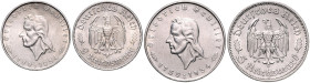 Drittes Reich. 
Lot von 2 Stücken: 2 und 5 Reichsmark 1934 F Zum 175. Geburtstag von Friedrich v. Schiller. Jaeger&nbsp;358,359. . 

f.vz und ss