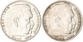 Drittes Reich. 
Lot von 2 Stücken: 5 Reichsmark 1939 E und G Hindenburg. Jaeger&nbsp;367. . 

ss
