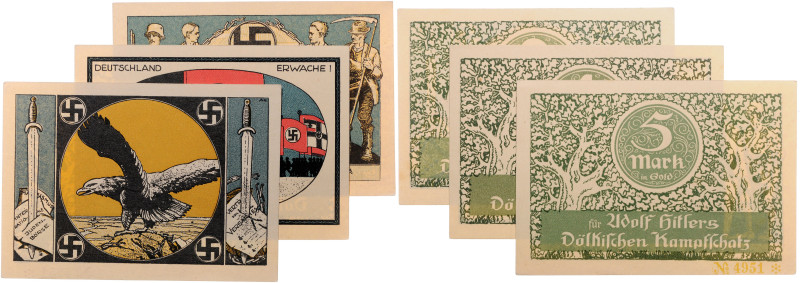 Drittes Reich. 
Lot von 3 Scheinen: 1, 2 und 5 Mark in Gold für Adolf Hitlers V...