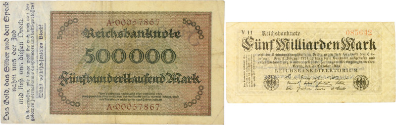 Drittes Reich. 
Lot von 7 Scheinen: 3x Reichsbanknote 1000 Mark 15.9.1922, 5000...