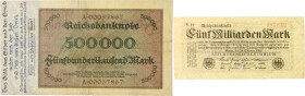 Drittes Reich. 
Lot von 7 Scheinen: 3x Reichsbanknote 1000 Mark 15.9.1922, 500000 Mark 1. Mai 1923, 2x 1 Milliarde Mark 20. Oktober 1923 und 5 Millia...