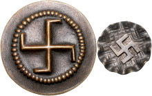 Medaillen und Abzeichen. 
Lot von 2 Bronzeansteckern Hakenkreuz im Perlkreis (57,4mm 31,88g) und Hakenkreuz auf Rosette (32,6mm 7,44g). beide mit Nad...