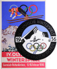 Medaillen und Abzeichen. 
Einseitige Plakette 1936 auf die Olympischen Winterspiele in Garmisch-Partenkirchen, farbig emailliert, mit 2 Befestigungsl...