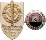 Medaillen und Abzeichen. 
Lot von 2 Abzeichen: H.J. Deutsche Arbeiter Jugend, rückseitig GES. GESCH. und Nadel (emailliert 22,2mm 4,04g) und der Wehr...
