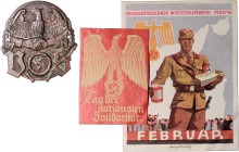 Medaillen und Abzeichen. 
Bronzehohlgussplakette der Volkssozialistischen Selbsthilfe, dazu 2 Papierwerke-Zettel 'WHW 3940' und 'Tag der nationalen S...