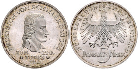 BRD. 
5 DM 1955 F Zum 150. Todestag von Friedrich v. Schiller. Jaeger&nbsp;389. kl. Kr.. 

vz-