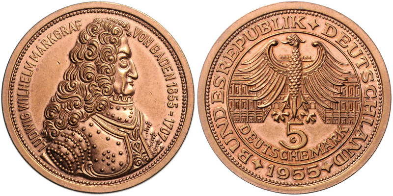 BRD. 
5 DM Probeprägung 1955 G Zum 300. Geburtstag des Markgrafen v. Baden 'Tür...
