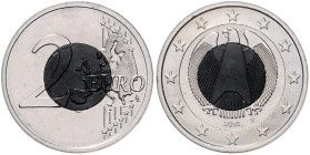 BRD. 
2 Euro 2010 D Probeprägung der Münzstätte München, Schrötling mit schwarzem Plastik als Innenteil und breitem Ring, Rand geriffelt, aber ohne R...
