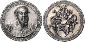 Haus Habsburg. 
Rudolf II. 1576-1612. Silbergussmedaille 1599 (1566) (Joachim Deschler zugeschrieben) auf Kilian Saner, Verwalter des Pilgerhauses St...