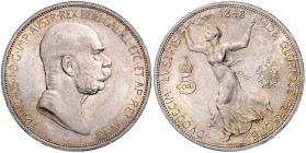 Haus Habsburg. 
Franz Joseph I. 1848-1916. 5 Kronen 1908 Zum 60. Regierungsjubiläum. Jaeger/Jaeckel&nbsp;397, Herinek&nbsp;771. winz. Kr., winz. Rf.....