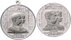 Haus Habsburg. 
Franz Joseph I. 1848-1916. Lot von 2 Stücken: Zinnmedaille 1881 (unsign.) auf die Vermählung seines Sohnes Rudolf mit Prinzessin Stef...