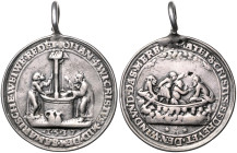 Böhmen. 
Silbermedaille 1537 (Joachimsthal) (Modell v. Nickel Milicz) auf das Gespräch von Christen mit der Samariterin am Brunnen / Christus und die...