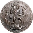 Tirol. 
Einseitige Bronzegussmedaille 1934 (v. Grienauer) auf die Einweihung des Christopherus-Denkmals auf dem Arlberg. 97,5&nbsp;mm, 118,40&nbsp;g....