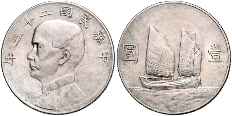 China. 
Republik 1912-1949. Dollar (Yuan) 1934 Year 23 Sun Yat-sen / Schiff. K....
