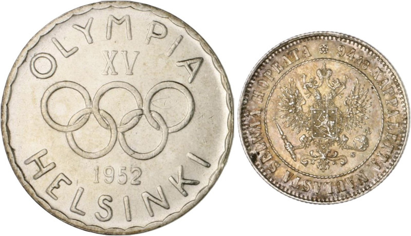 Finnland. 
Republik seit 1917. Lot von 7 Münzen; 3x 500 Markkaa 1952 Olympische...