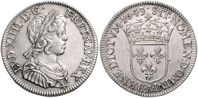 Frankreich. 
Ludwig XIV. 1643-1715. 1/4 Ecu 1643 A - Paris \'e0 la m\'e8che courte. Gadoury&nbsp;139, Duplessy&nbsp;1463. . 

vz