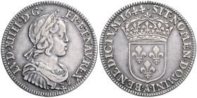 Frankreich. 
Ludwig XIV. 1643-1715. 1/4 Ecu 1644 A - Paris \'e0 la m\'e8che courte. Gadoury&nbsp;139, Duplessy&nbsp;1463. . 

gutes ss
