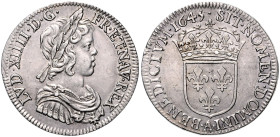 Frankreich. 
Ludwig XIV. 1643-1715. 1/4 Ecu 1645 A - Paris \'e0 la m\'e8che courte. Gadoury&nbsp;139, Duplessy&nbsp;1463. . 

vz