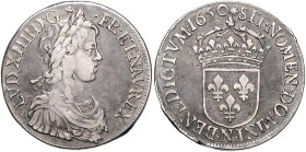 Frankreich. 
Ludwig XIV. 1643-1715. Ecu 1650 N -Montpellier \'e0 la m\'e8che courte. Davenport&nbsp;3799, Gadoury&nbsp;-, Duplessy&nbsp;1461. selten....