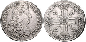 Frankreich. 
Ludwig XIV. 1643-1715. 1/2 Ecu 1690 H-La Rochelle aux 8 L. Gadoury&nbsp;184, Duplessy&nbsp;1515a. . 

ss-vz