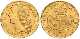 Frankreich. 
Ludwig XV. 1715-1774. Louis d'or 1748 W-Lille. Friedberg&nbsp;464, Gadoury&nbsp;341, Duplessy&nbsp;1643. Rs: kl. Kr.. 

vz+