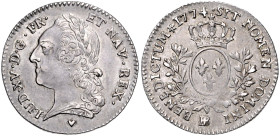 Frankreich. 
Ludwig XV. 1715-1774. 1/5 Ecu 1774 BB-Strasbourg \'e1 la vielle t\'eate. Gadoury&nbsp;300, Duplessy&nbsp;1687. min. Prägeschwäche. 

v...