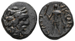 GreekLycaonia, Ikonion, AE , 1st century BC. Obv: Laureate head of Zeus to right.Rev: ЄIKON[I] - ЄωN, Perseus standing left, holding harpa in his righ...