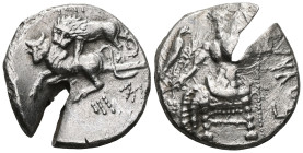 GREEK ,  Cilicia, Tarsos, Mazaios as Satrap, 361-334 BC. AR Stater - Baaltars seated left / Lion attacking bull.Greece, Cilicia, Tarsos, Satrapa Mazai...
