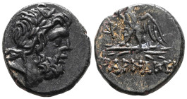 Greek
Pontos, Pharnakeia, AE Bronze , time of Mithradates VI Eupator (120-63 BC), ca. 100-65 BC.
Obv: Laureate head of Zeus to right.
Rev: ΦAPNAKEI...