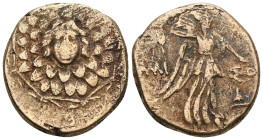 Pontos, Amisos, AE,Time of Mithradates VI Eupator, Circa 85-65 BC.Obv: Aegis facing.Rev: AMI-ΣO[Y], Nike advancing right with shouldered palm branch; ...