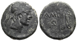 Pontos, Amisos,AE, Time of Mithradates VI, Circa 111-105 or 95-90 BC.Obv: Helmeted head of Ares right.Rev: AMI – ΣOY, Sword in sheath; monogram to lef...