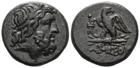 Greek
Pontos, Amisos, AE, (Bronze), Circa 100-85 BC
Obv: Laureate head of Zeus right.
Rev: AMIΣOV, Eagle, with head right, standing left on thunder...
