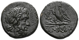 Greek
Pontos, Amisos, AE, (Bronze), Circa 100-85 BC
Obv: Laureate head of Zeus right.
Rev: AMIΣOV, Eagle, with head right, standing left on thunder...