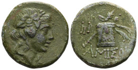 GreekPontos, Amisos, AE, Time of Mithradates VI Eupator, Circa 105-90 or 90-85 BC. Obv: Head of Dionysos right, wearing ivy wreath.Rev: AMIΣOY, Thyrso...