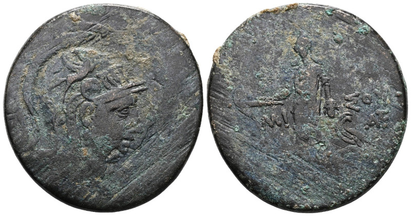 Amisos,AE, Time of Mithradates VI Eupator,Circa 105-90 or 90-85 BC.
Obv: Helmet...