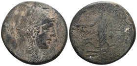Amisos,AE, Time of Mithradates VI Eupator,Circa 105-90 or 90-85 BC.Obv: Helmeted head of Athena right.Rev: AMI – ΣOY,Perseus standing left, holding ha...