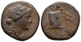 GreekPontos. Amisos circa 85-65 BC. Bronze AE. Head of Dionysos right, wearing ivy wreath / AMIΣΟΥ, filleted thyrsos, monogram to left. very fine SNG ...
