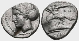 Greek
PAPHLAGONIA. Sinope. Circa 410-350 BC. Drachm AR . Head of the nymph Sinope to left, her hair bound in a sakkos. Rev. ΣINΩ Sea-eagle with sprea...