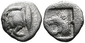 Mysia, Cyzicus , Obol circa 450. Forepart of boar l., behind, tunny. Lion’s head l. within incuse square. von Fritze, Silberprägung Kyzikos, pl. V, 10...