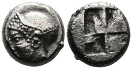 IONIA. Phokaia. Obol (Circa 521-478 BC).Obv: Archaic head of Athena left.Rev: Quadripartite incuse square.SNG Kayhan -; Klein -; SNG v. Aulock -; Iseg...