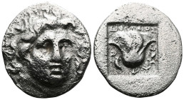 ISLANDS off CARIA, Rhodos. Rhodes . Circa 170-150 BC. AR Hemidrachm . ‘Plinthophoric’ coinage. Dexikrates, magistrate. Radiate head of Helios facing s...