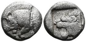 Mysia, Cyzicus , Obol circa 450. Forepart of boar l., behind, tunny. Lion’s head l. within incuse square. von Fritze, Silberprägung Kyzikos, pl. V, 10...