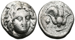 ISLANDS OFF CARIA, Rhodos. Rhodes. Circa 305-275 BC. Hemidrachm (Silver). Head of Helios facing, turned slightly to the right. Rev. P-O Rose with bud ...